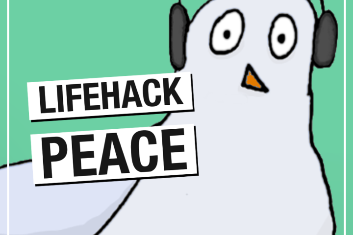 Taube mit Kopfhörern im comicstyle. Das ist das Logo des Podcasts Lifehack Peace vom Netzwerk Friedenskooperative