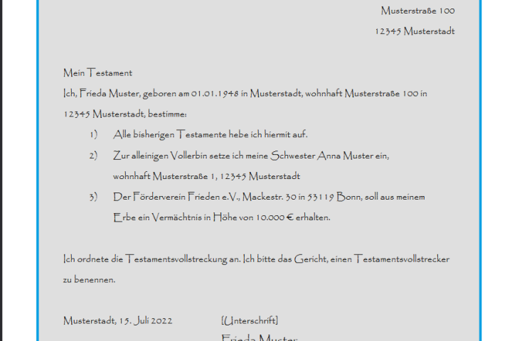 Beispiel für ein Handschriftliches Testament