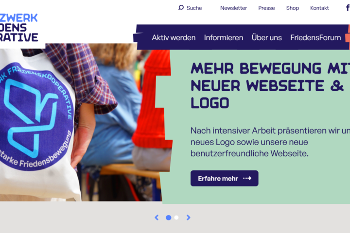 Die Startseite von www.friedenskooperative.de nach dem Relaunch mit neuem Logo Friedenstaube